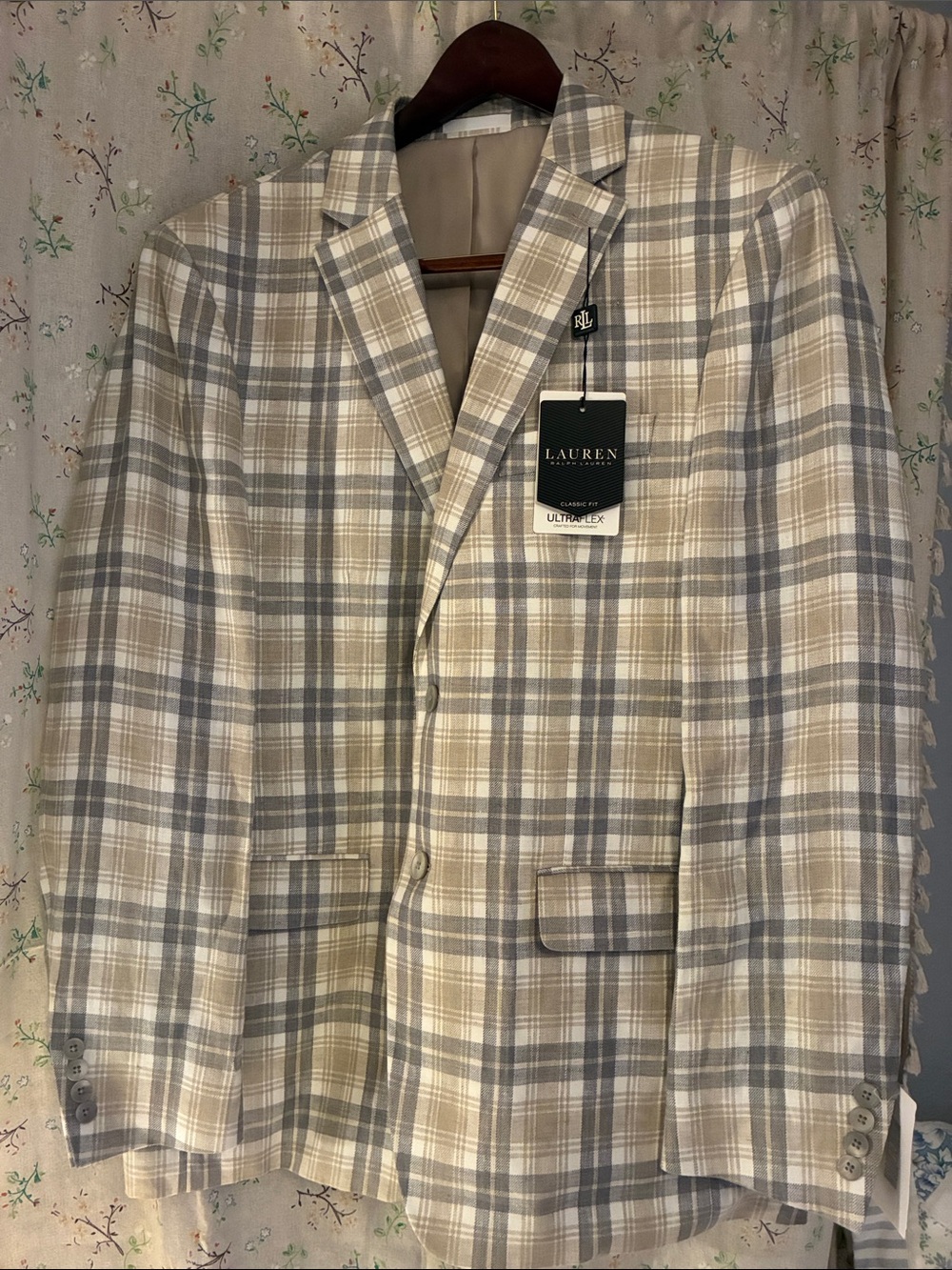 NWT Lauren Ralph Lauren 42 Long 100% Linen Men’s Beige & Gray Plaid Sport Coat